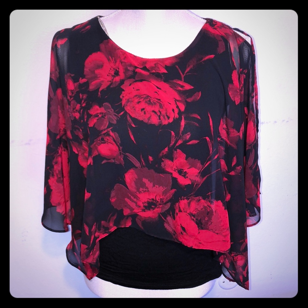 Floral black and red poncho top